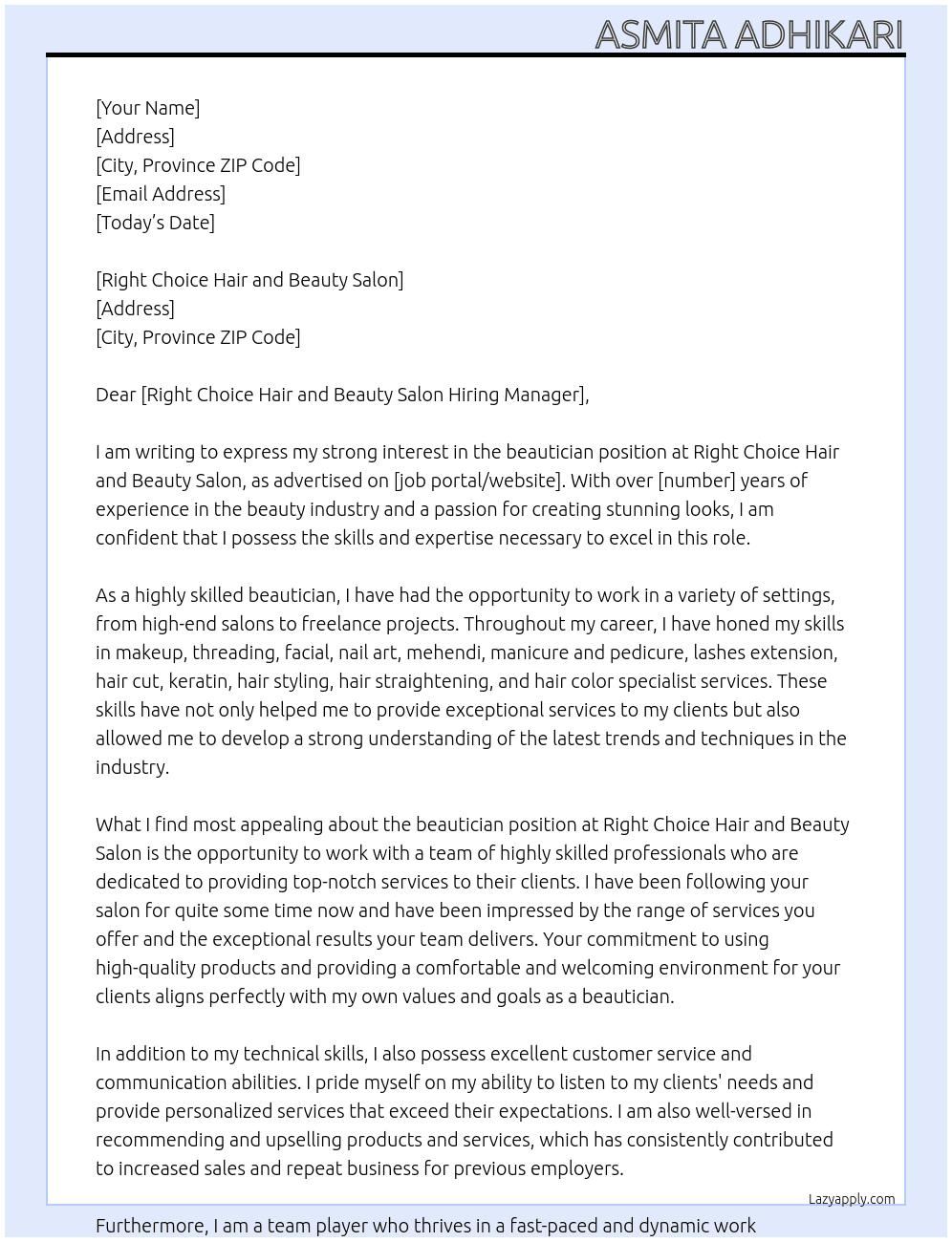 beautician At Right Choice Hair and Beauty Salon Cover Letter