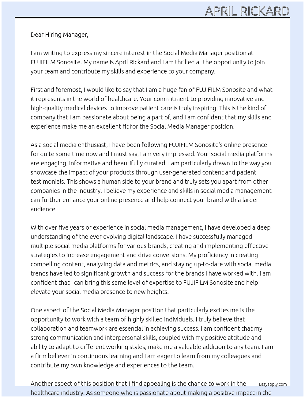 Social Media Manager At FUJIFILM Sonosite Cover Letter