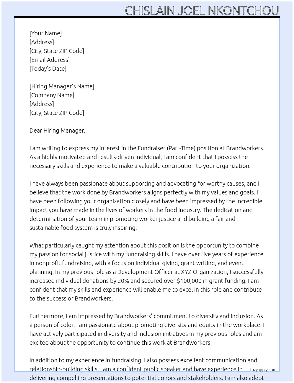 Fundraiser (Part-Time)  At Brandworkers Cover Letter