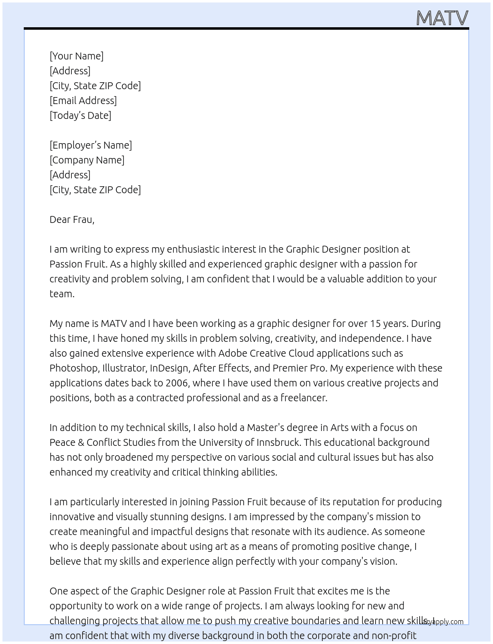 Graphic designer At Passion Fruit Cover Letter