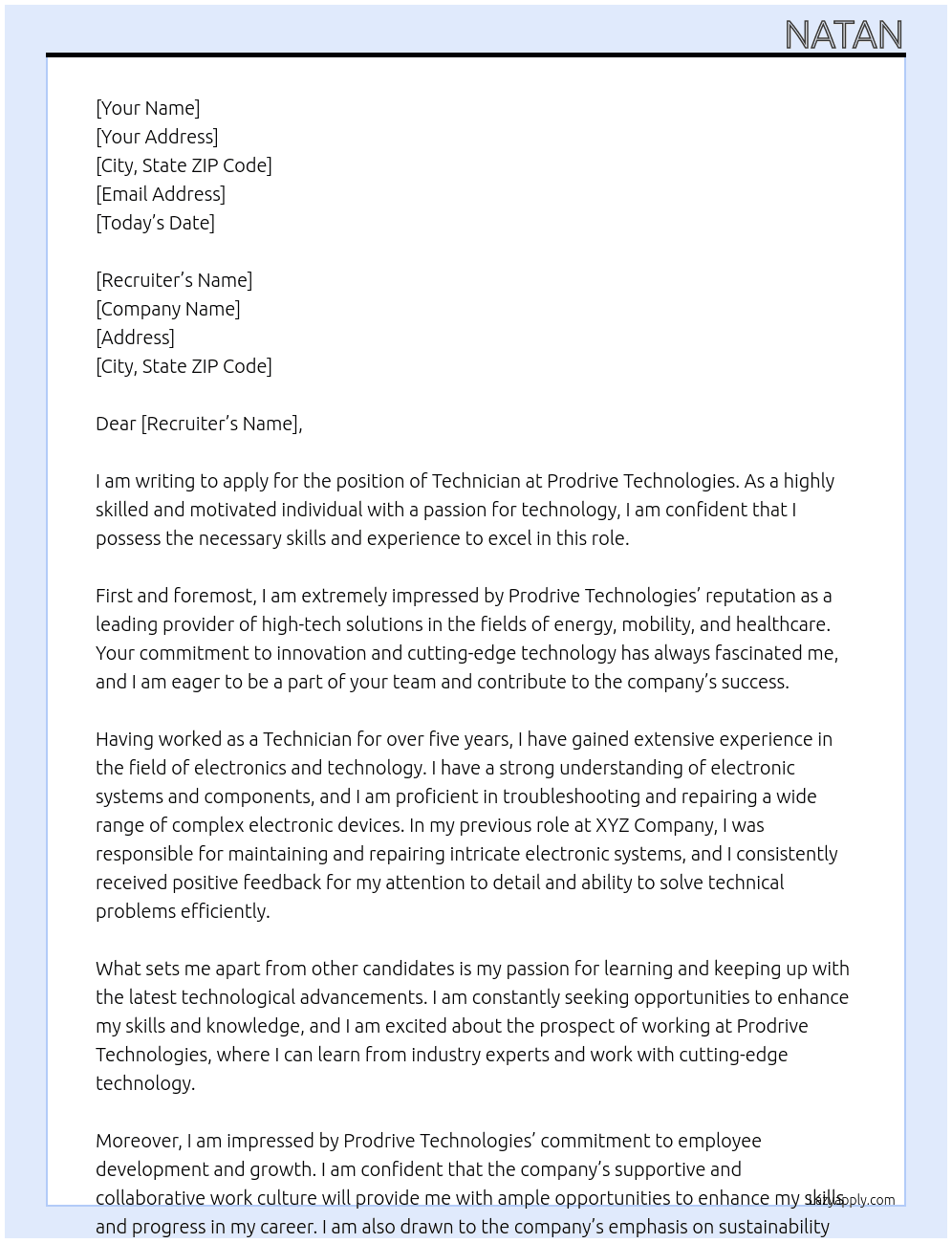 TEchnican At Prodrive Technologies Cover Letter