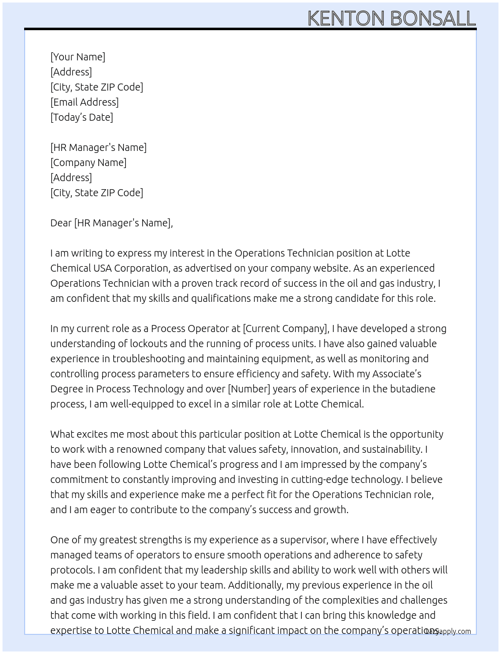 Operations Technician At Lotte Chenical USA Corporation Cover Letter