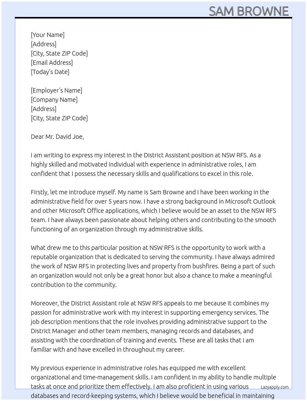 District Assistant  At NSW RFS Cover Letter