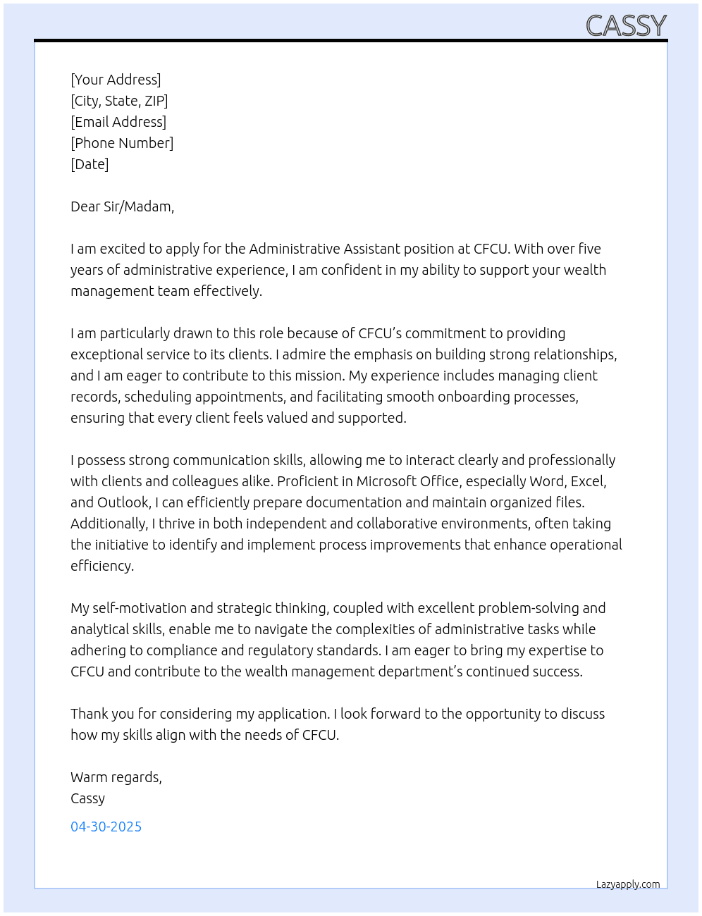 Administrative Assistant At CFCU Cover Letter