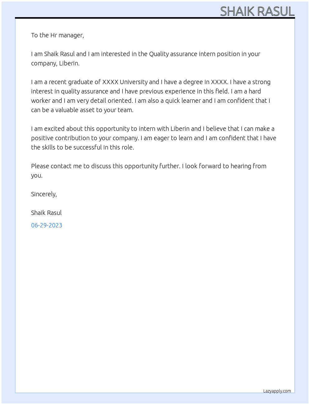 Quality assurance intern  At Liberin Cover Letter