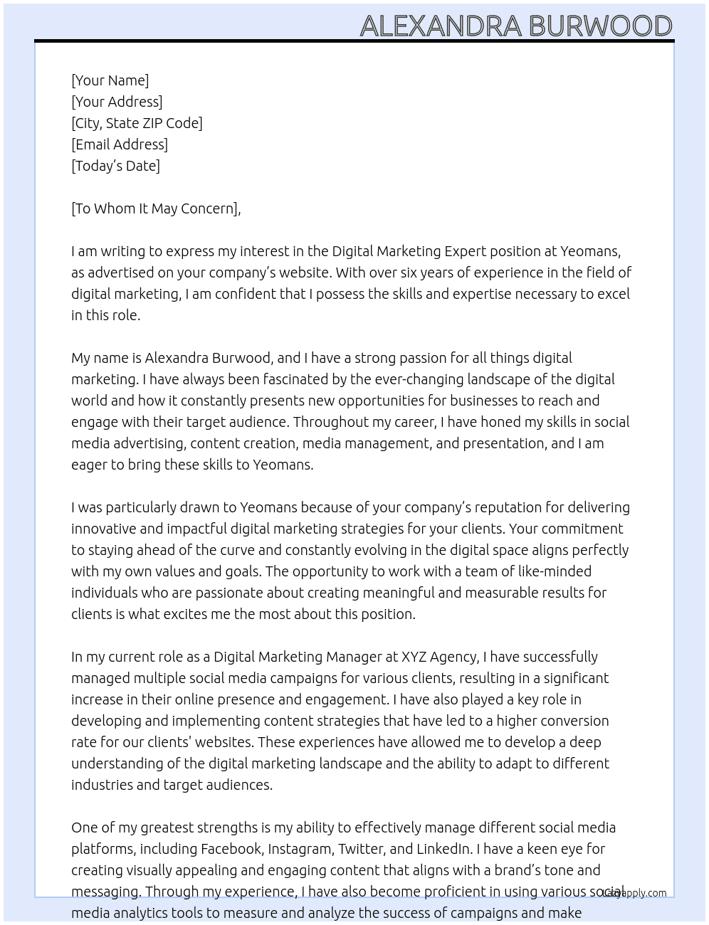 Digital Marketing Expert At Yeomans Cover Letter