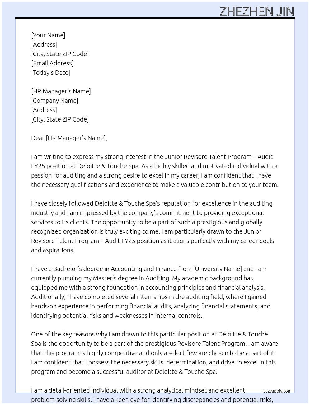  Junior - Revisore Talent Program - Audit FY25 At Deloitte & Touche Spa Cover Letter