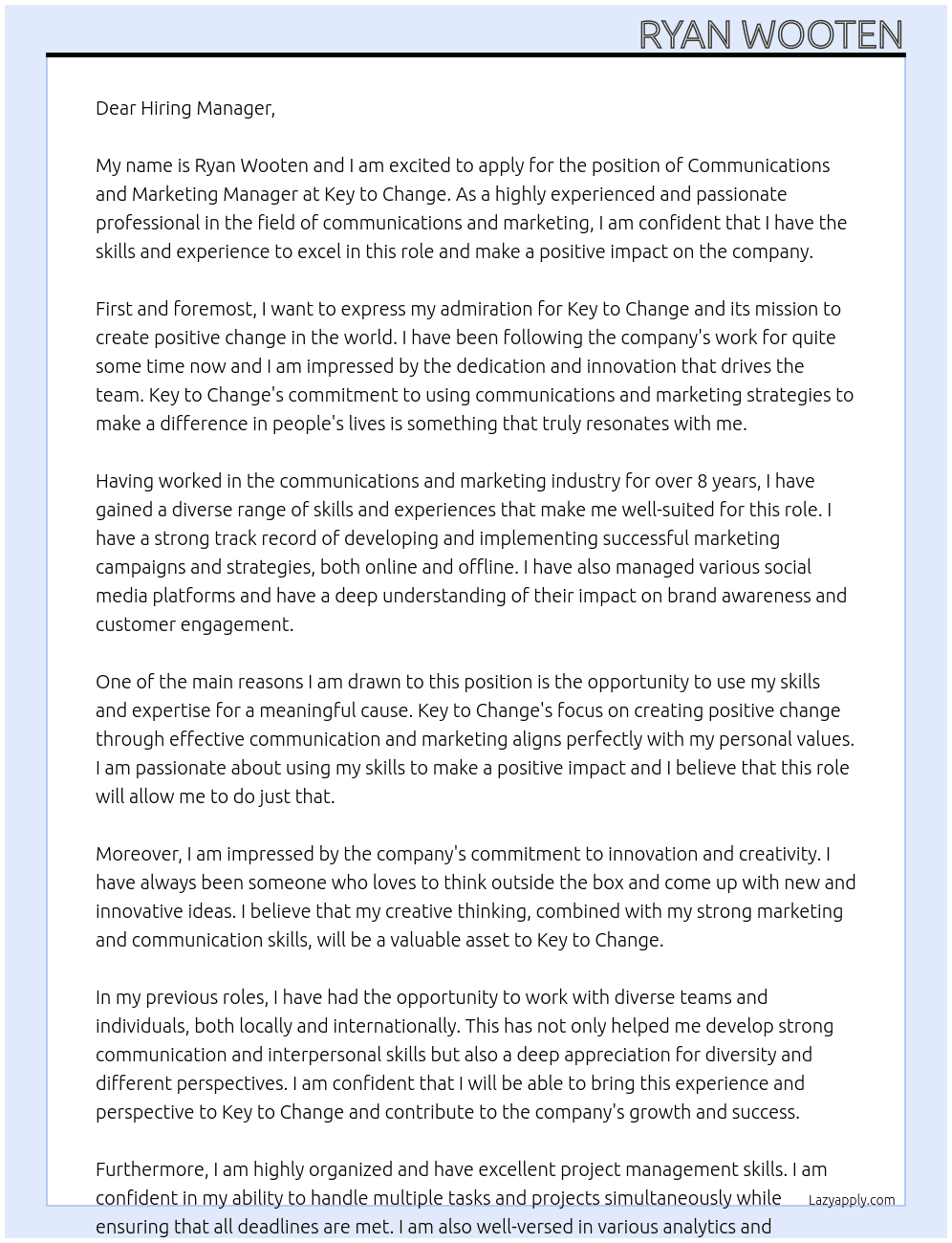 Communications and Marketing Manager At Key to Change Cover Letter