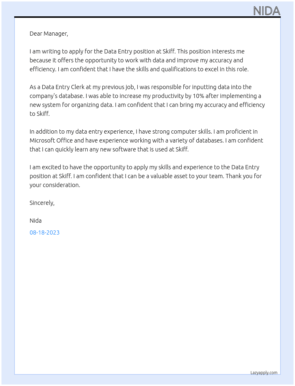 Data entry job  At Skiff Cover Letter