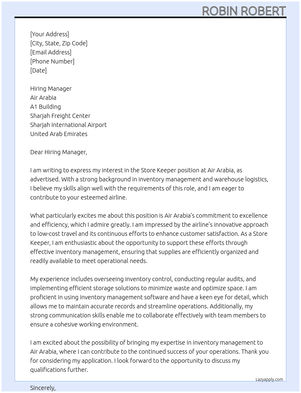 STORE KEEPER At AIR ARABIA Cover Letter
