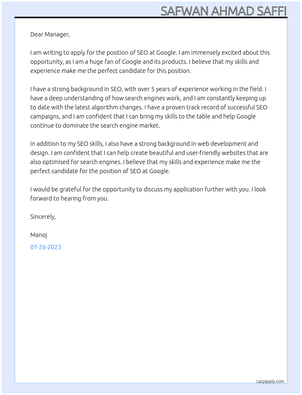 SEO At Google  Cover Letter