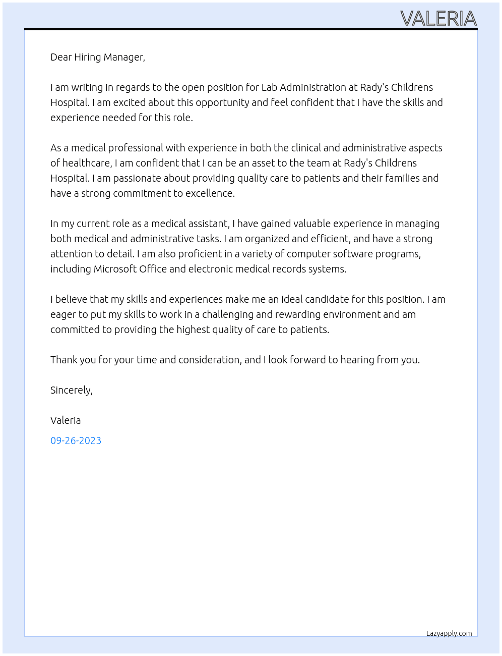 Lab Administration At Rady's Childrens Hospital Cover Letter