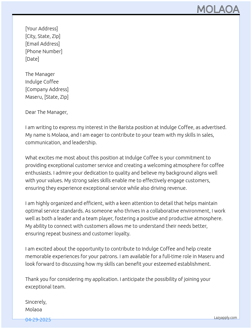 Barista At Indulge Coffe Cover Letter