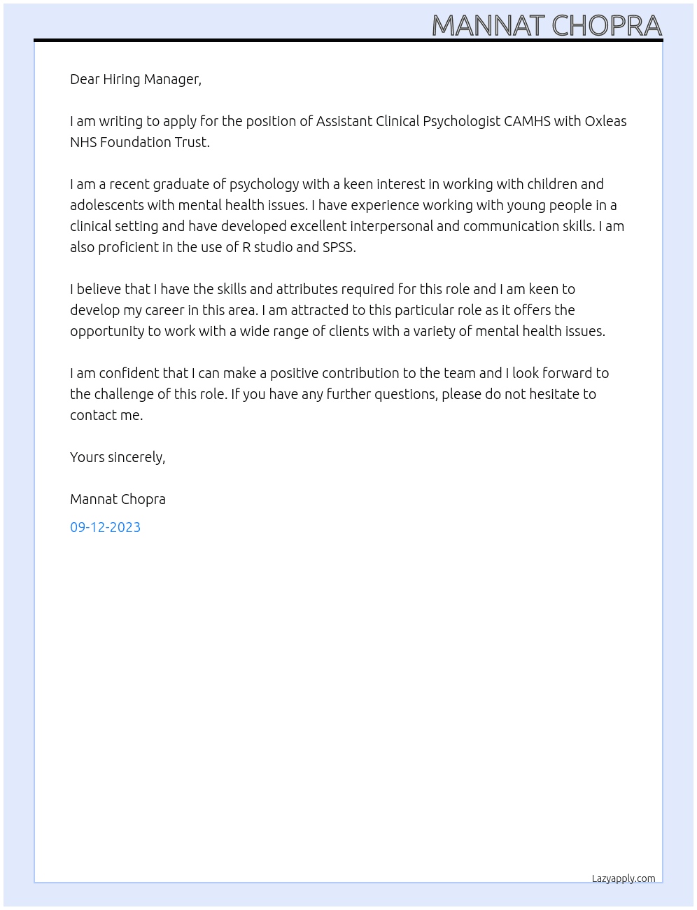 Assistant clinical psychologist CAMHS At Oxleas NHS Foundation Trust Cover Letter