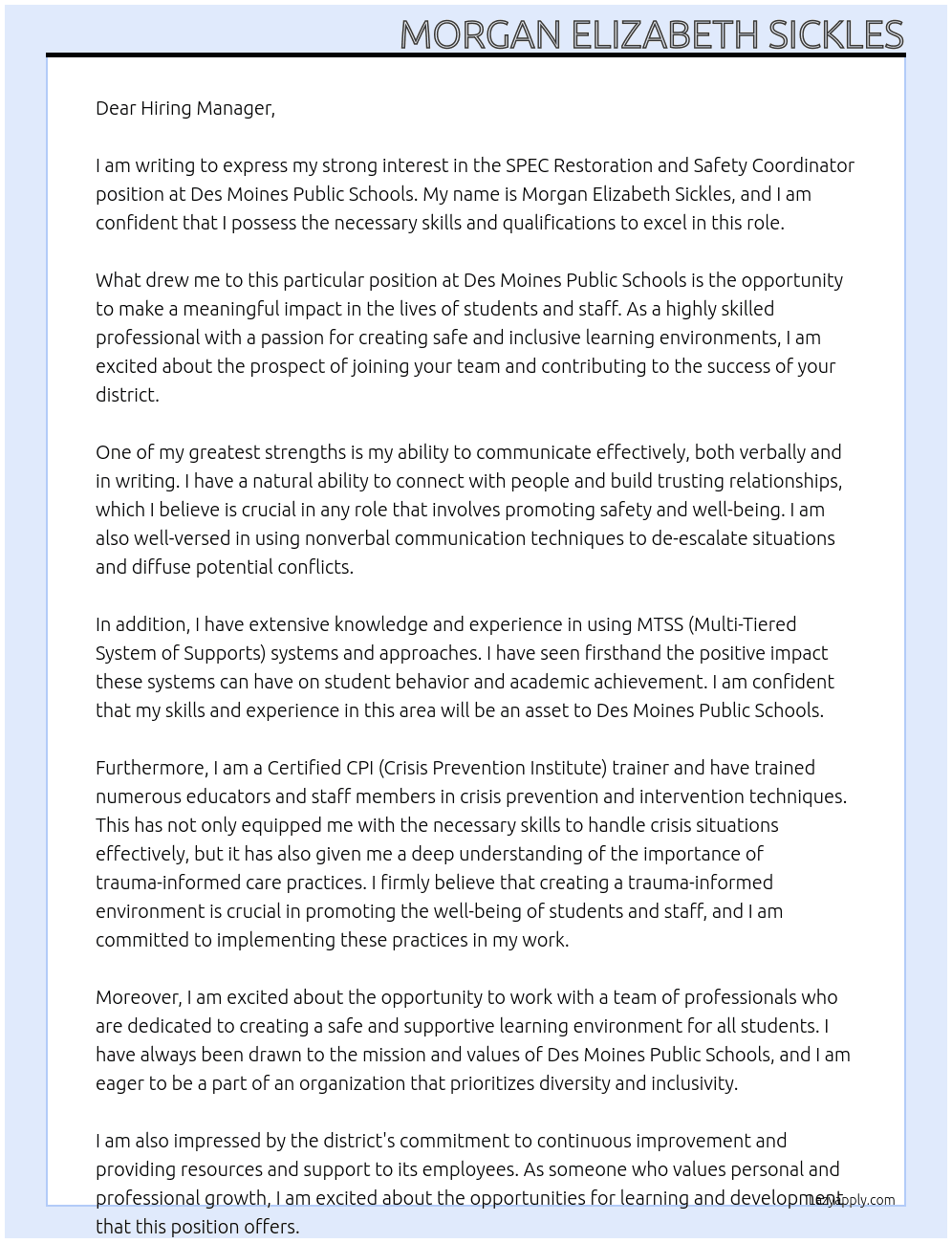 SPEC Restoration and Safety Coordinator At Des Moines Public Schools Cover Letter