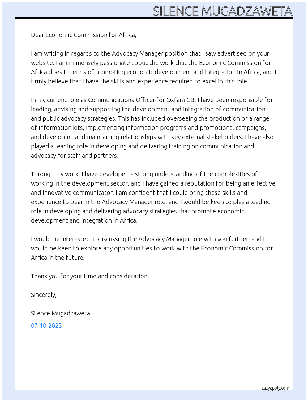 Advocacy Manager At Economic Commission for Africa Cover Letter