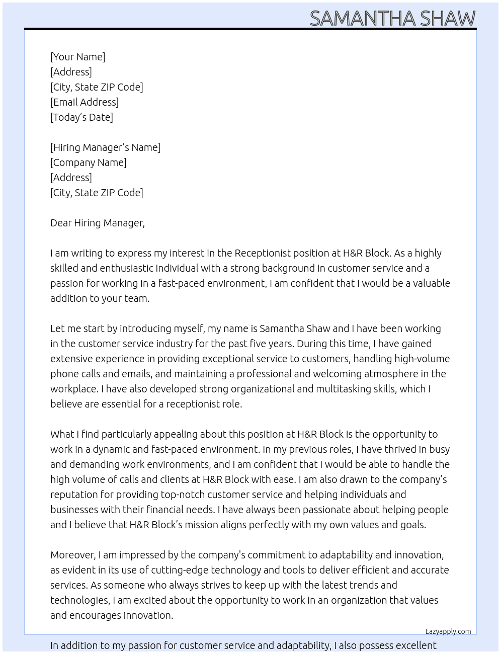 Receptionist  At H&R Block Cover Letter