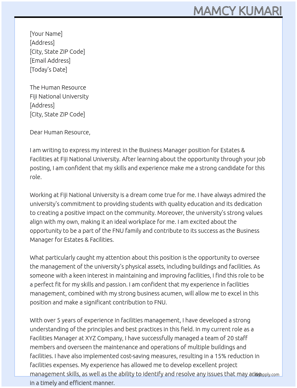 Business Manager - Estates & Facilities  At Fiji National University  Cover Letter