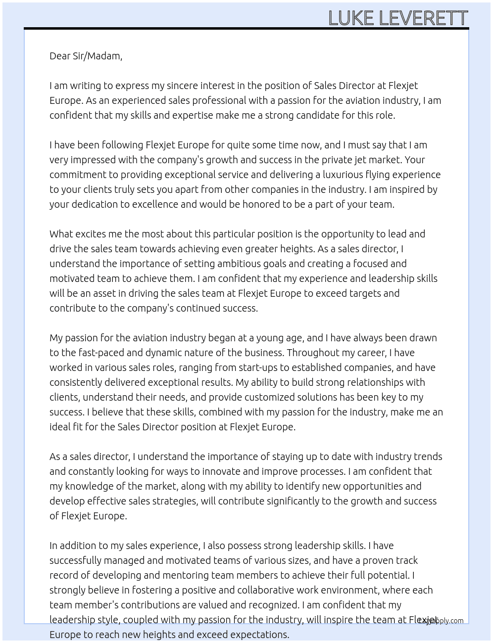 Sales Director At Flexjet Europe Cover Letter