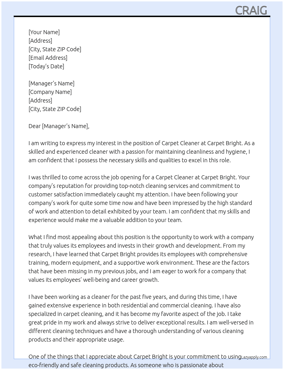 capet cleaner At carpet bright Cover Letter