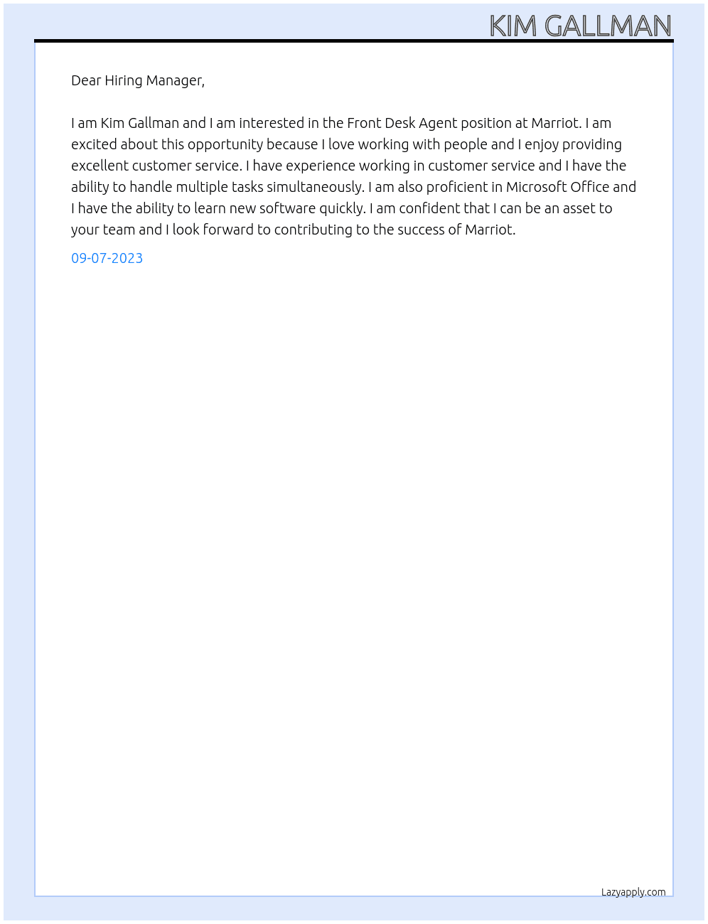 Front Desk Agent At Marriot Cover Letter