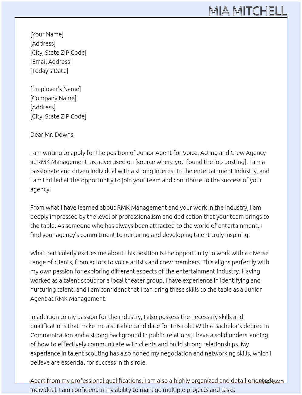Junior Agent for Voice, Acting and Crew Agency At RMK Management Cover Letter