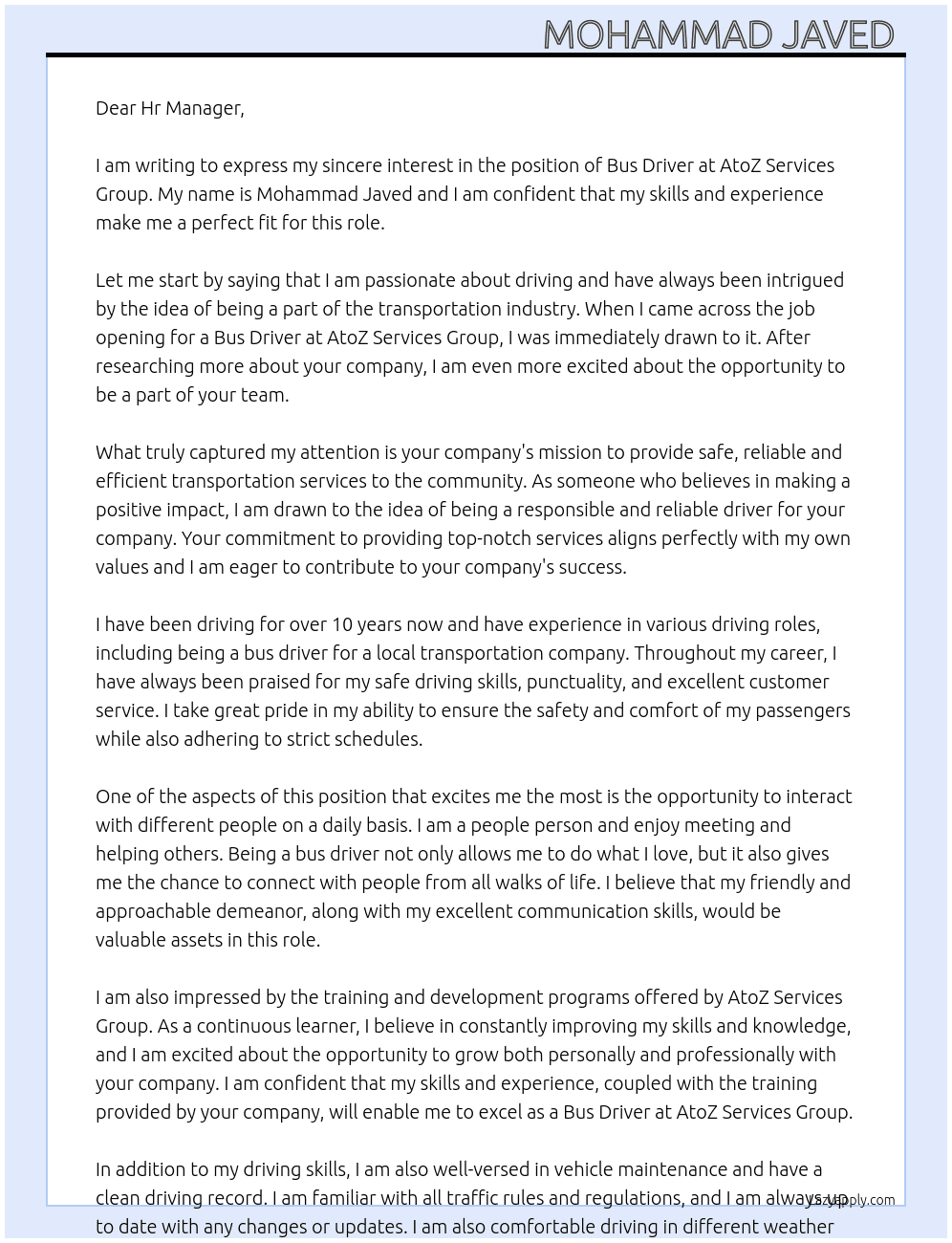 Bus driver  At AtoZ services group  Cover Letter