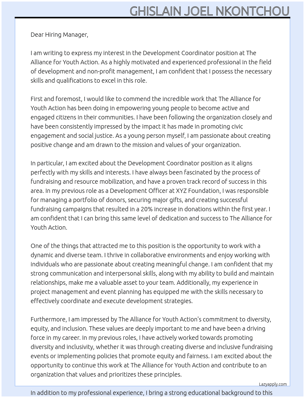 Development Coordinator At The Alliance for Youth Action Cover Letter