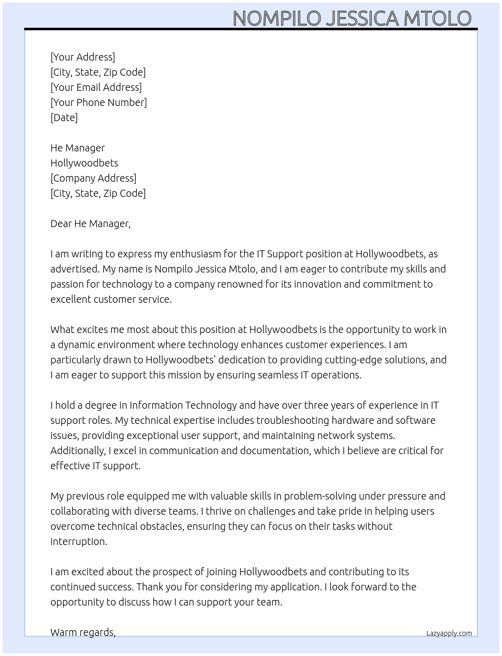 IT Support At Hollywoodbets Cover Letter