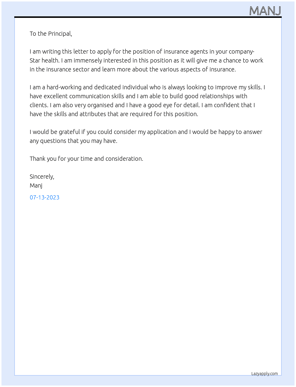 Insurance agents  At Star health  Cover Letter