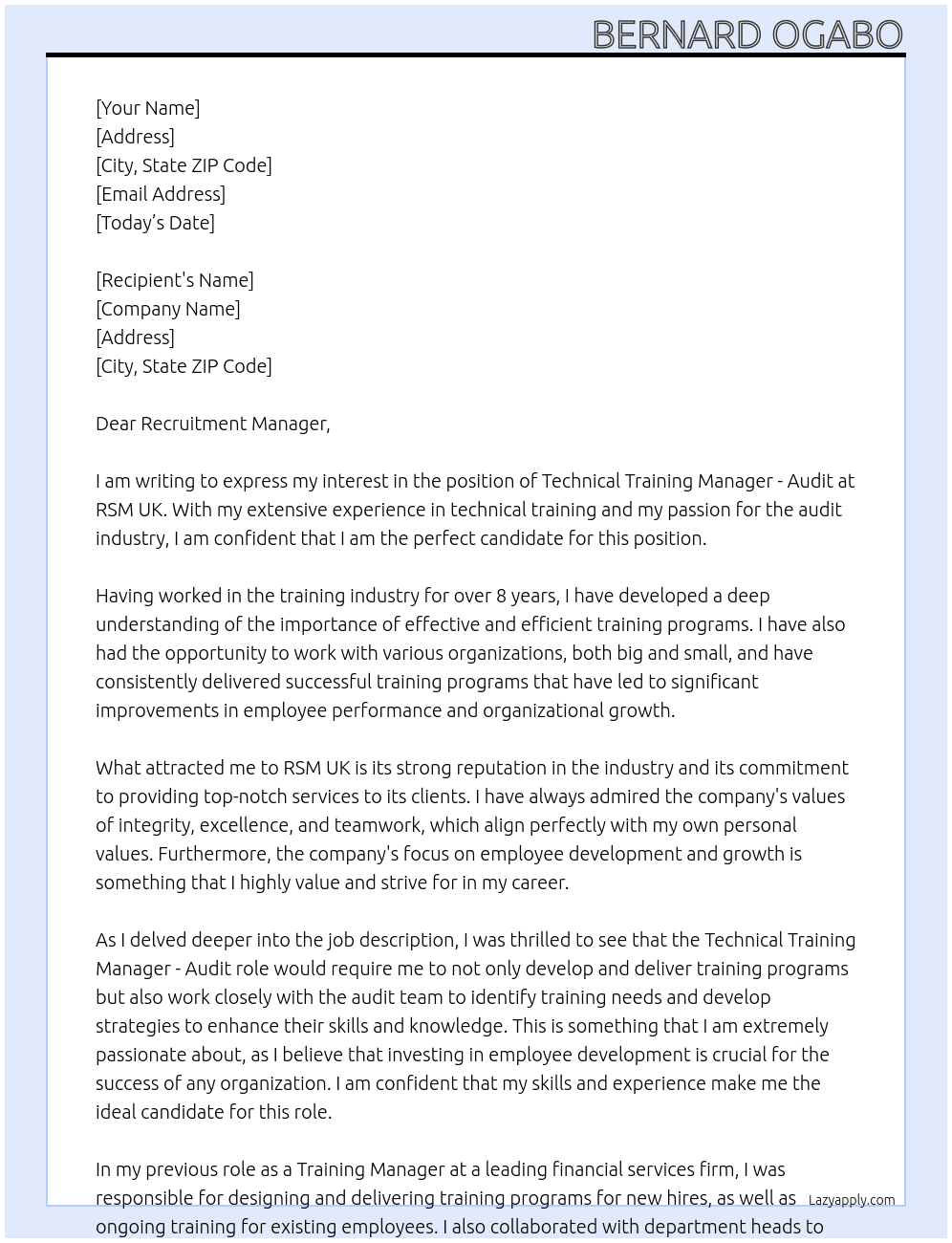 Technical Training Manager - Audit At RSM UK Cover Letter