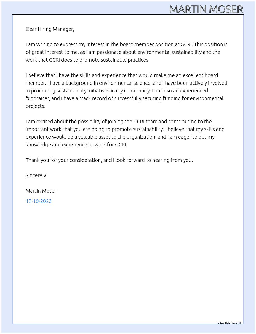 Board member At GCRI Cover Letter
