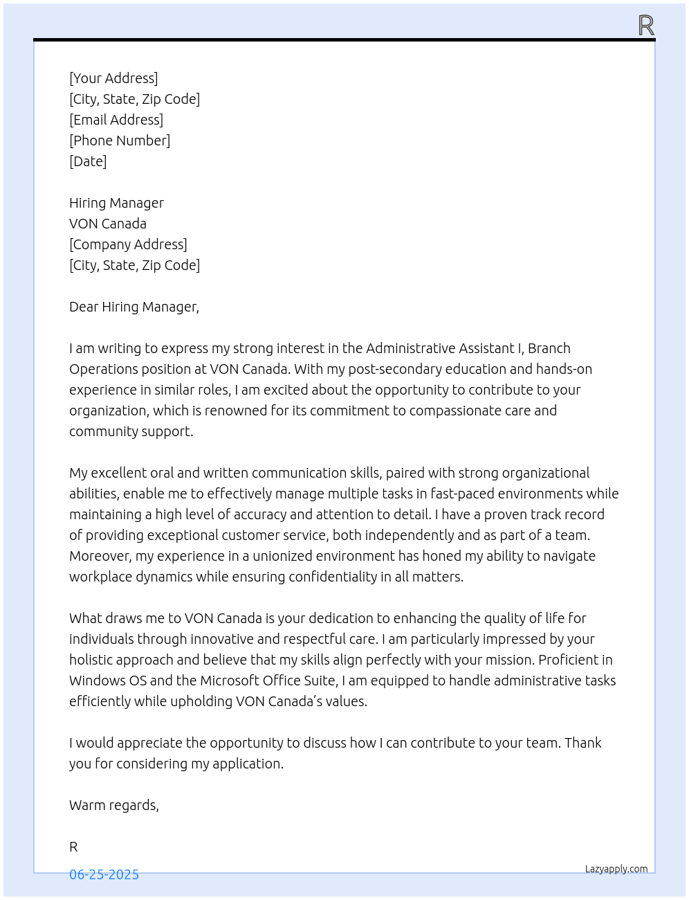 Administrative Assistant I, Branch Operations At VON Canada Cover Letter