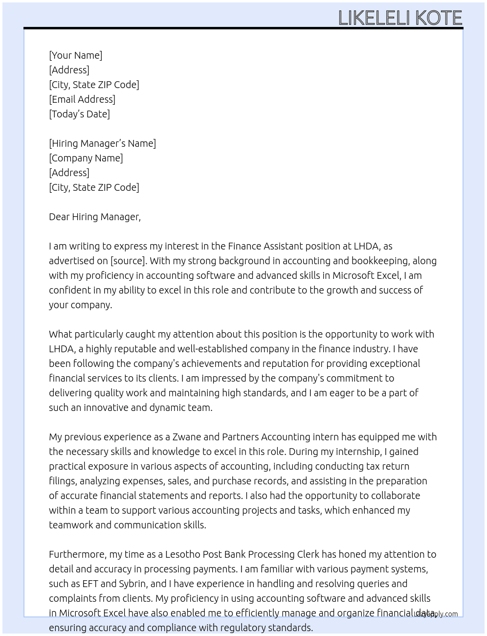 Finance Assistant  At LHDA Cover Letter