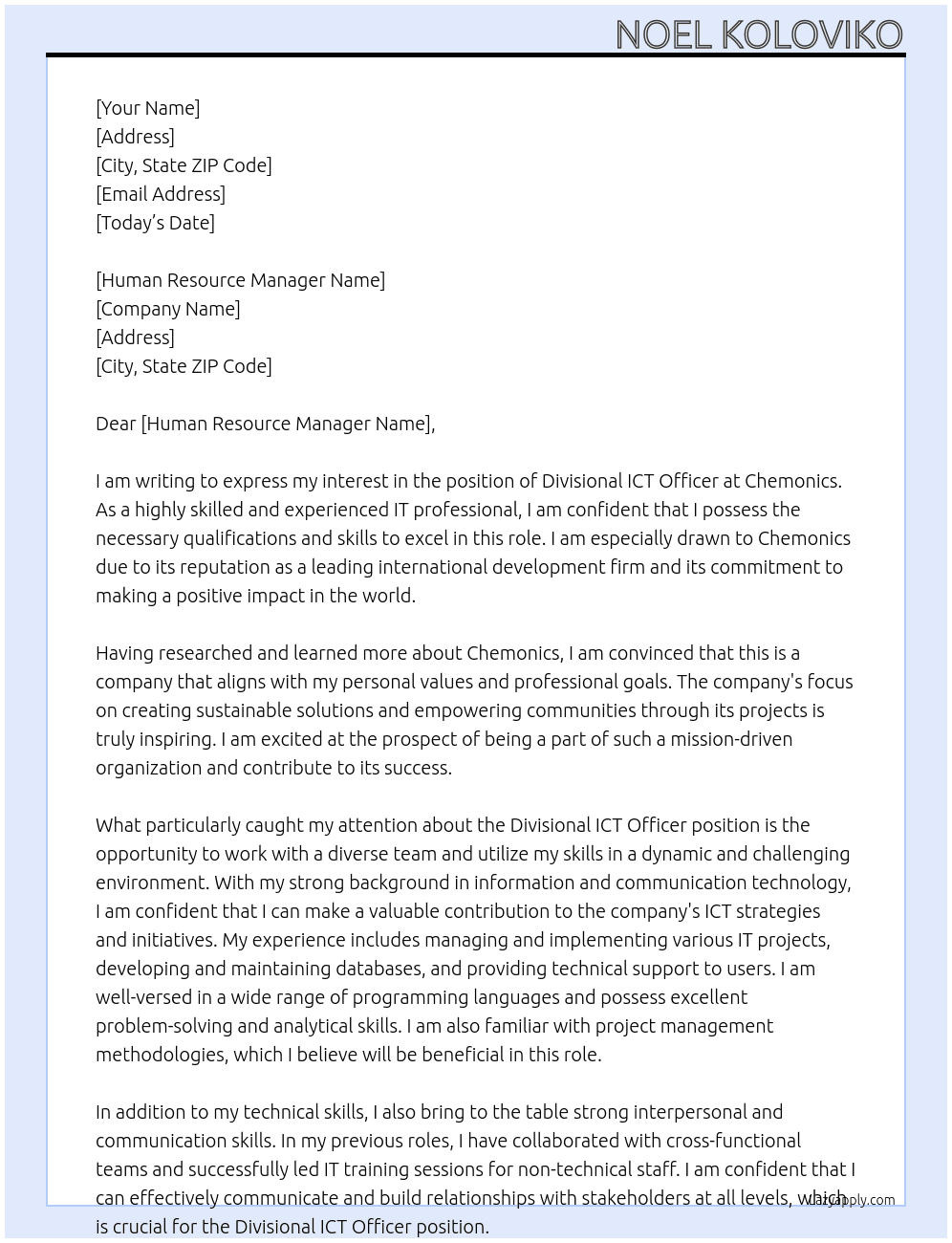 Divisional ICT Officer At Chemonics Cover Letter