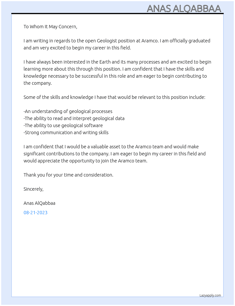 Geologist At Aramco official  Cover Letter