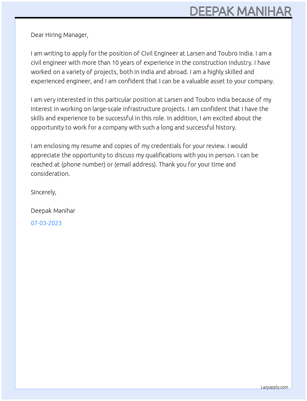 Civil Engineer At Larsen and Tourbo India Cover Letter