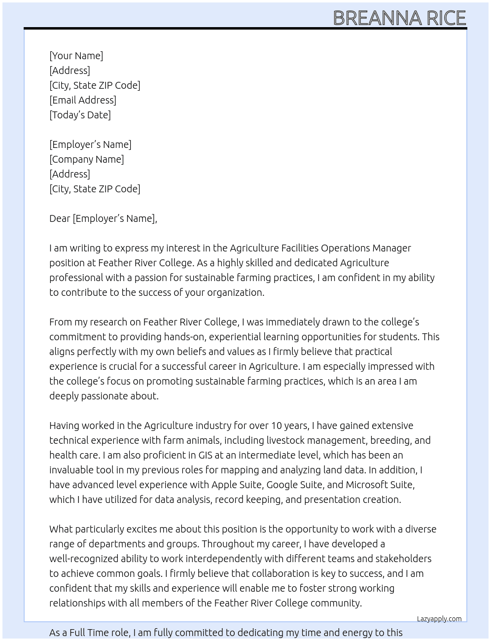 Agriculture Facilities Operations Manager At Feather River College Cover Letter