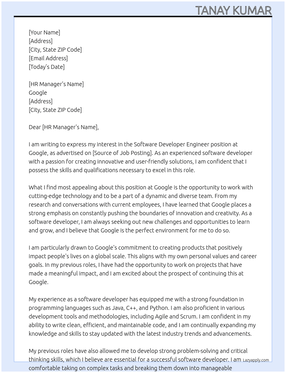 Software developer engineer At google Cover Letter