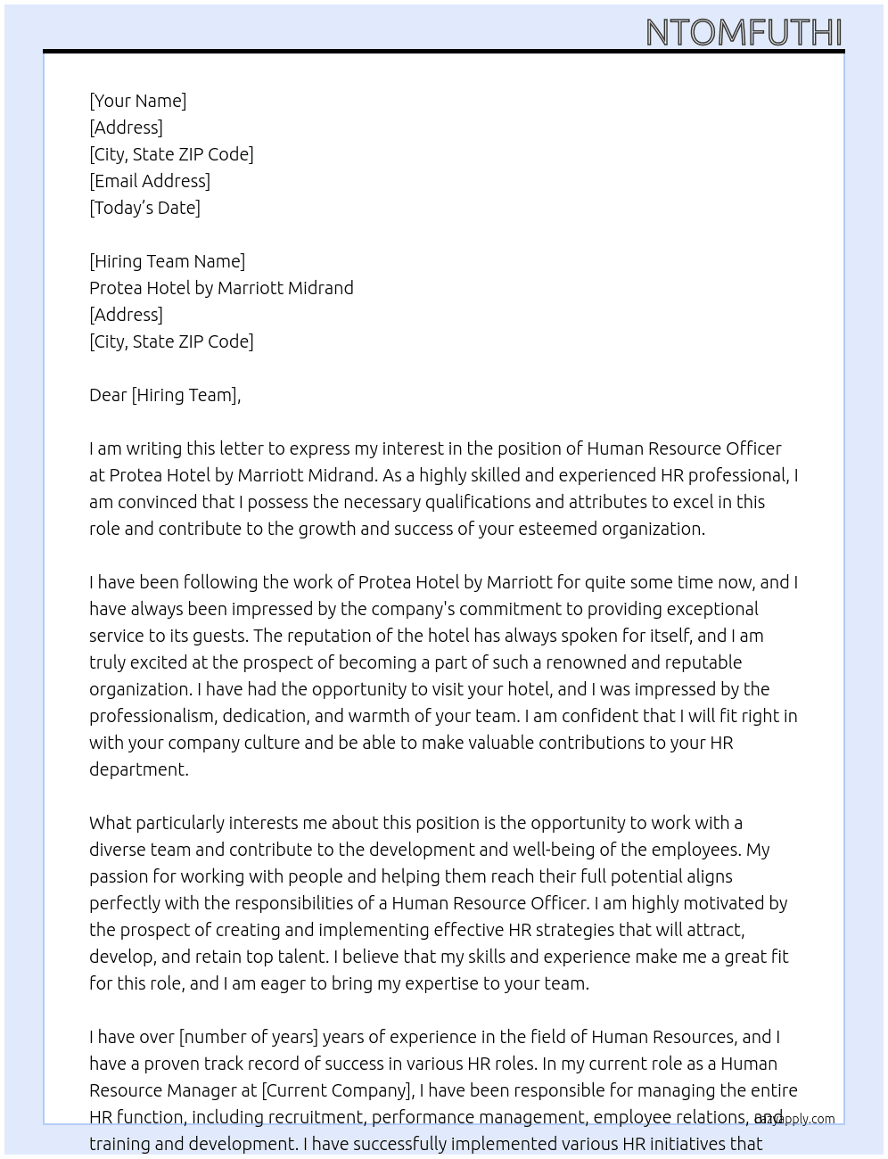 Human Resource Officer At Protea Hotel by Marriott Midrand Cover Letter