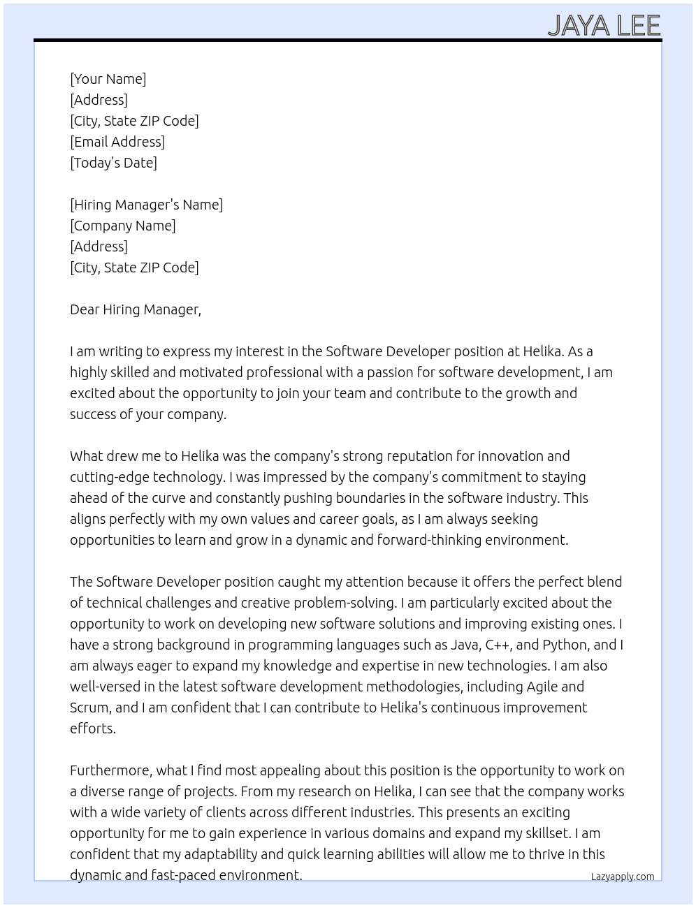 Software Developer At Helika Cover Letter
