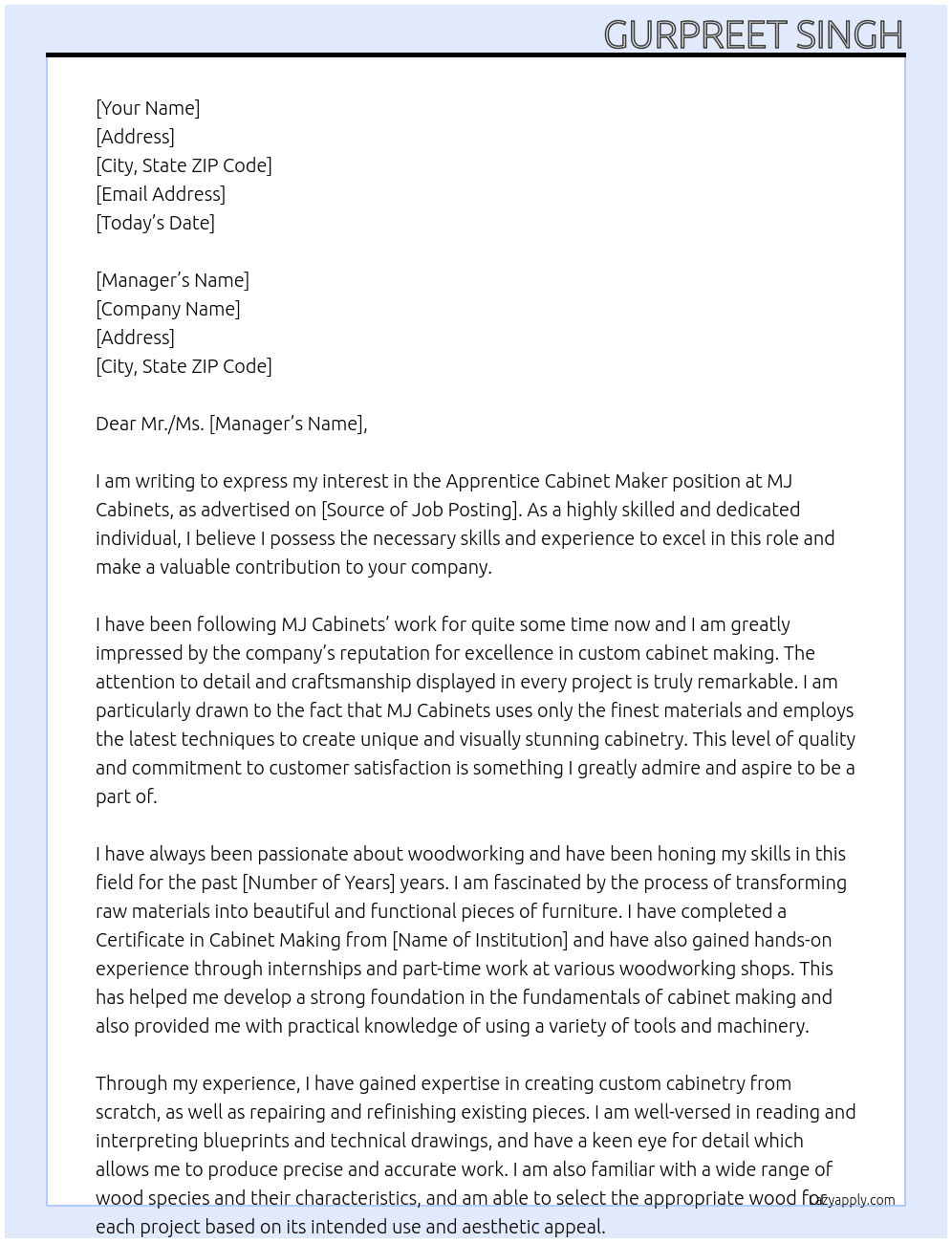 Cabinet Maker At MJ Cabinets Cover Letter