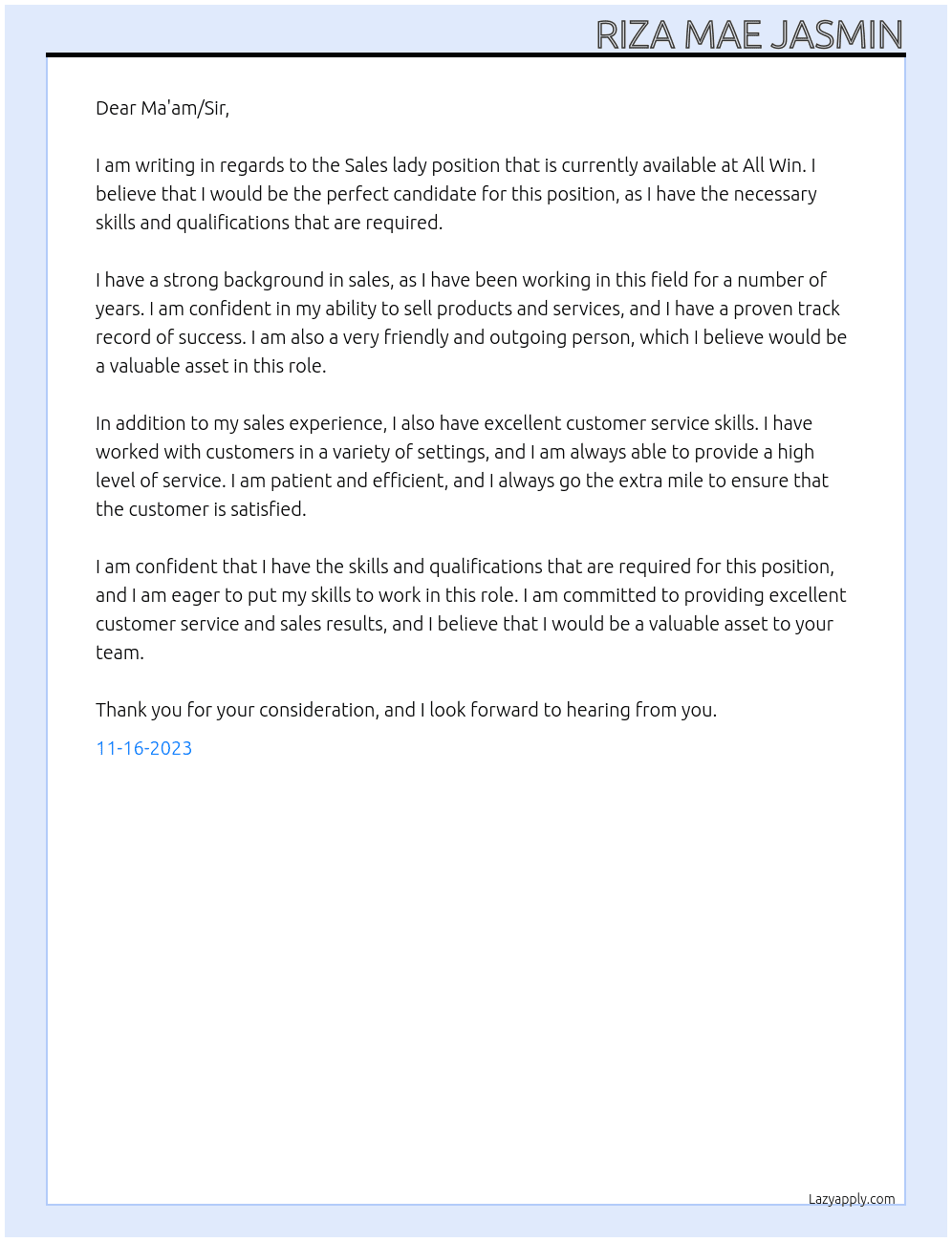 Sales lady At All Win Cover Letter