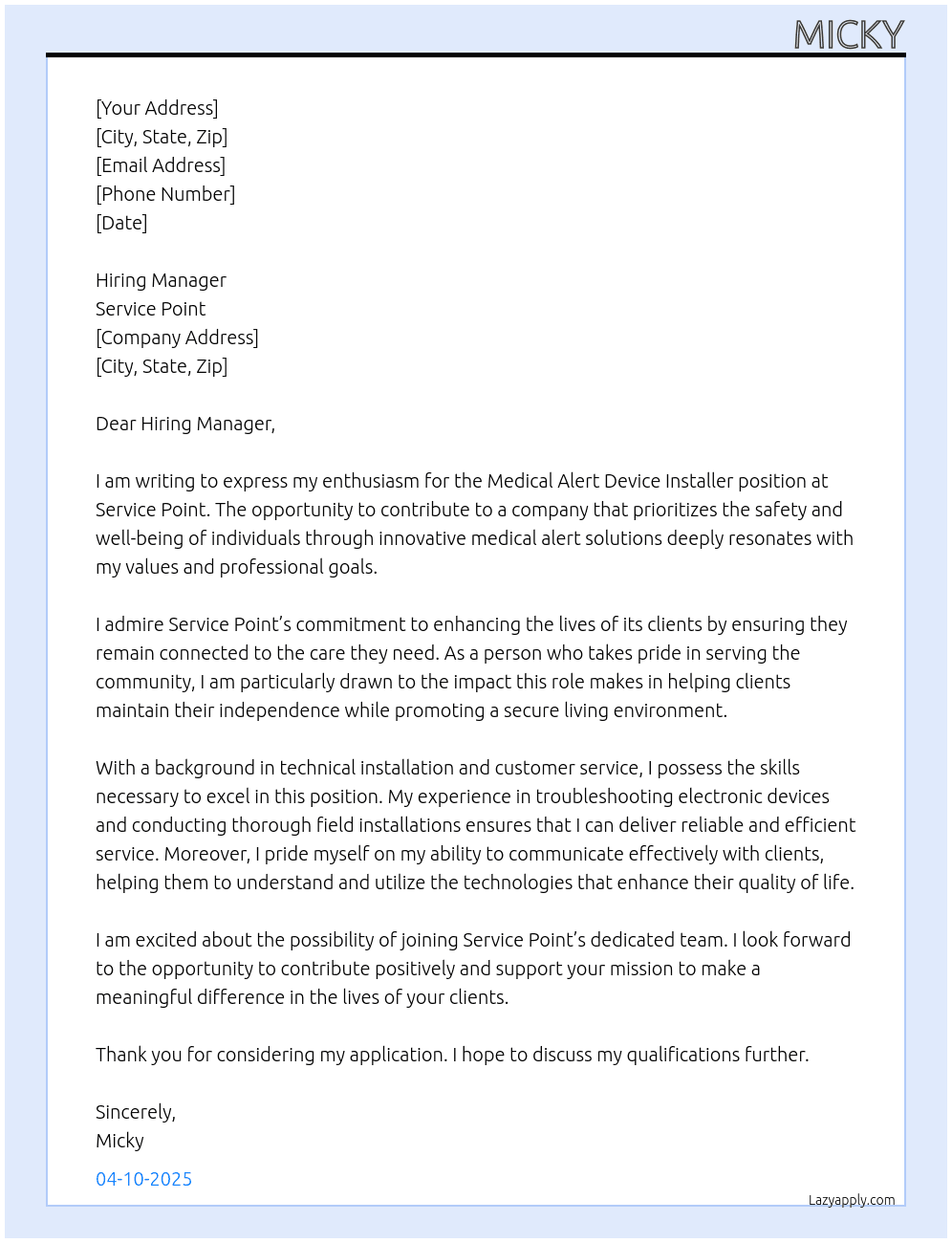 Medical Alert Device Installer At Service Point Cover Letter