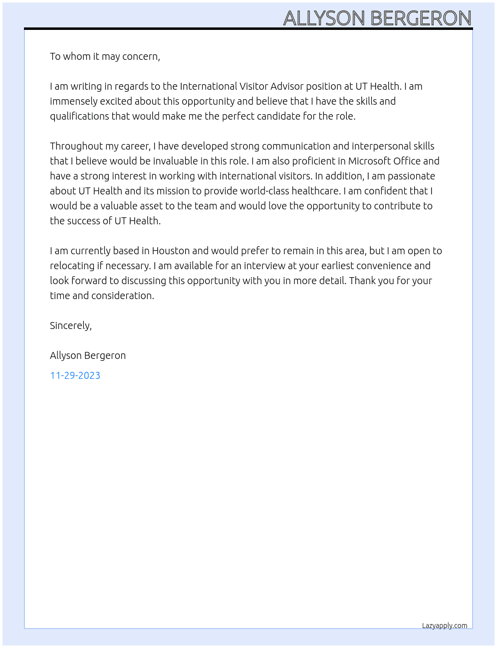 International Visitor Advisor At UT Health Cover Letter