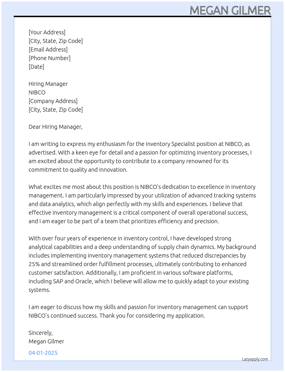 Inventory Specialist At NIBCO Cover Letter