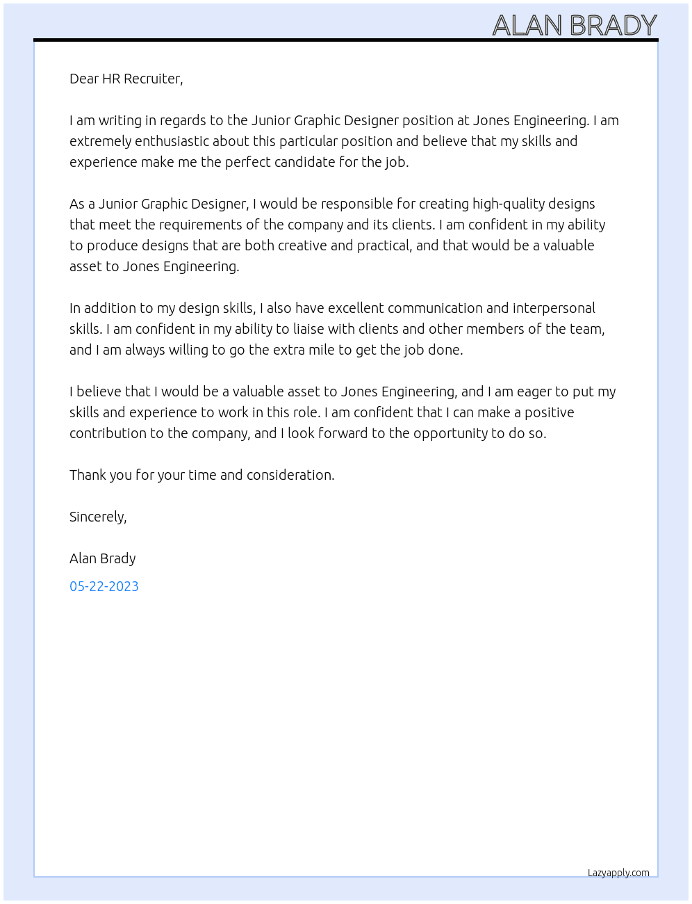 Junior Graphic Designer At Jones Engineering Cover Letter