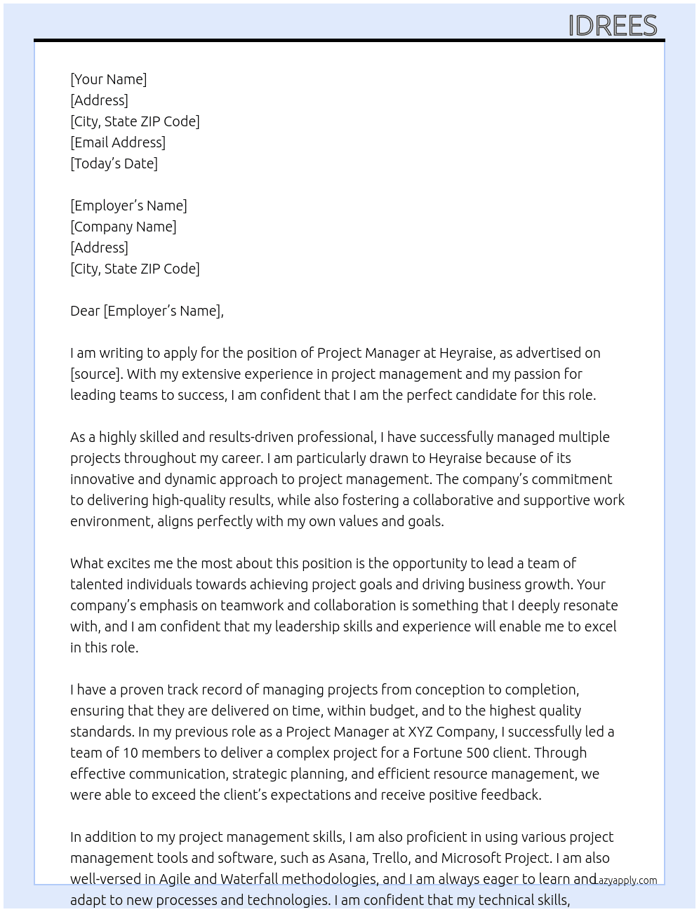 Project Manager  At Heyraise  Cover Letter