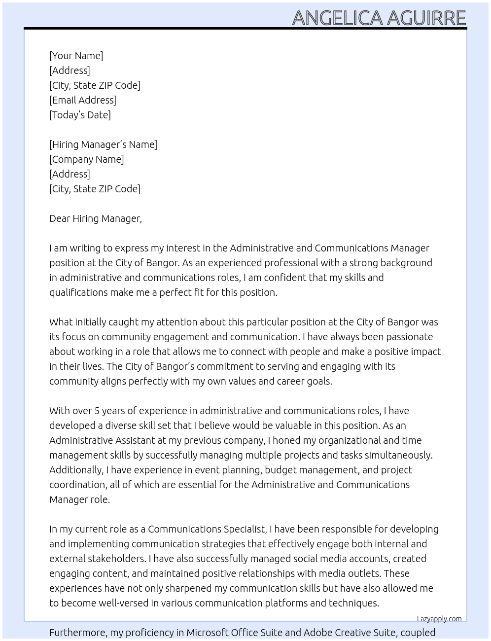 Administrative and Communications Manager At City of Bangor Cover Letter