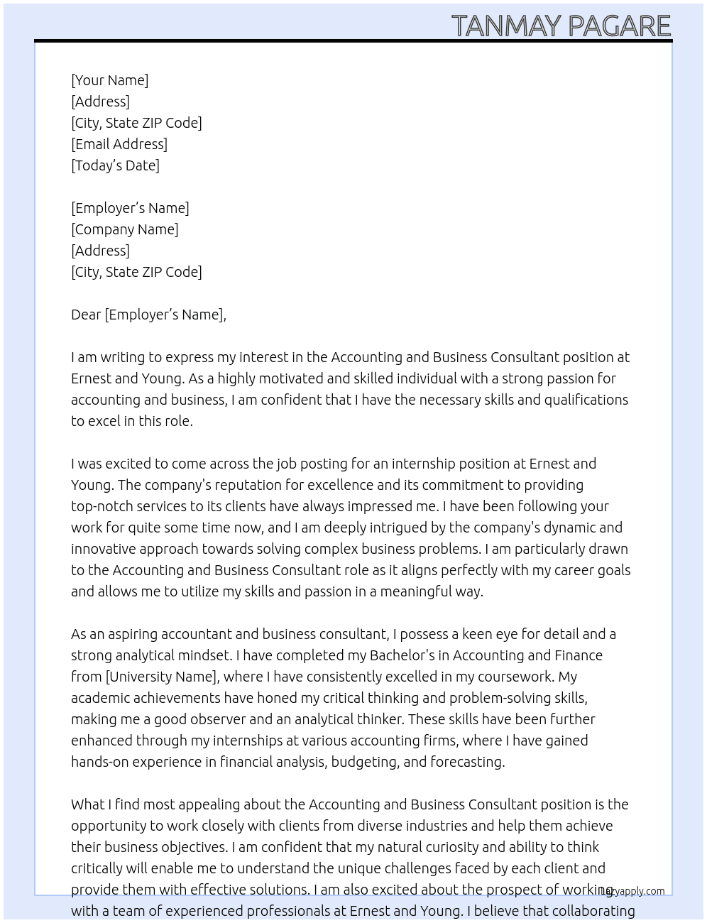 Accounting and Business Consultant  At Ernest and Young  Cover Letter